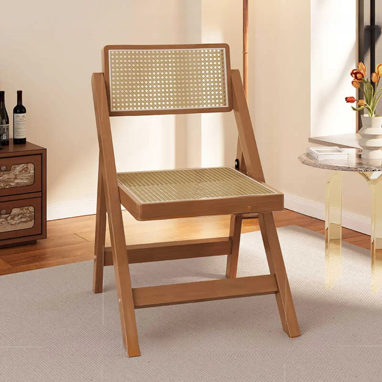 Foldable Wood Woven Plaid Dining Chair — Natural