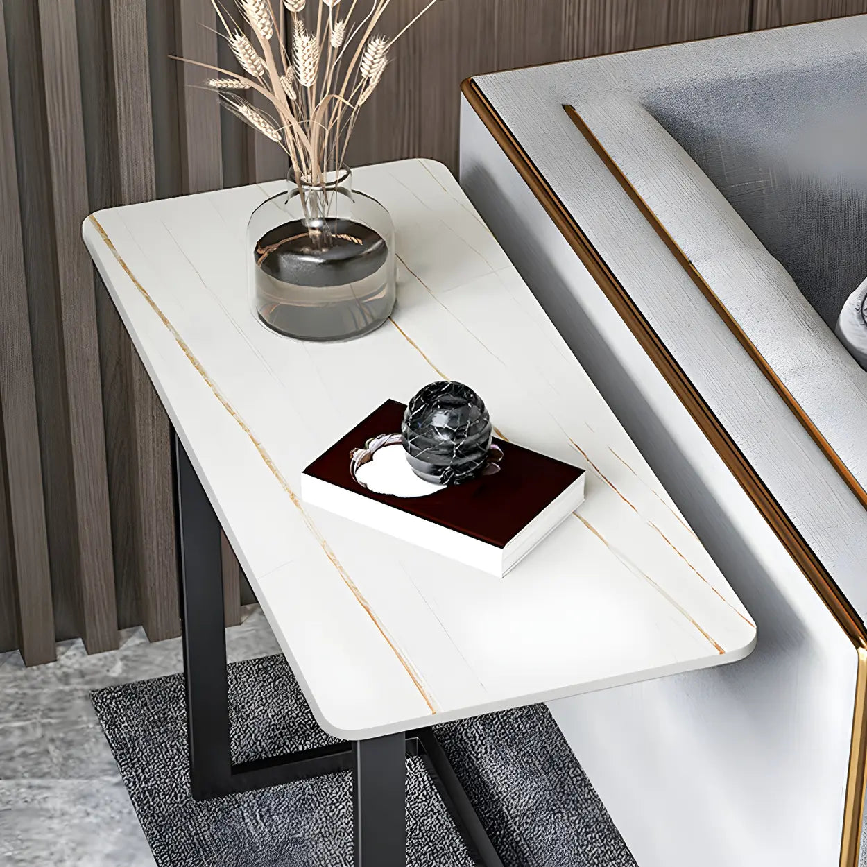 Rectangular Gold C-Shaped Side Table — Gold / White / 2