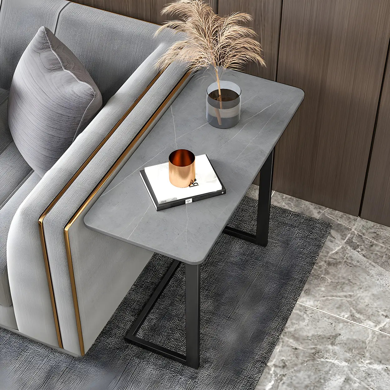 Rectangular Gold C-Shaped Side Table — Black / Gray / 1