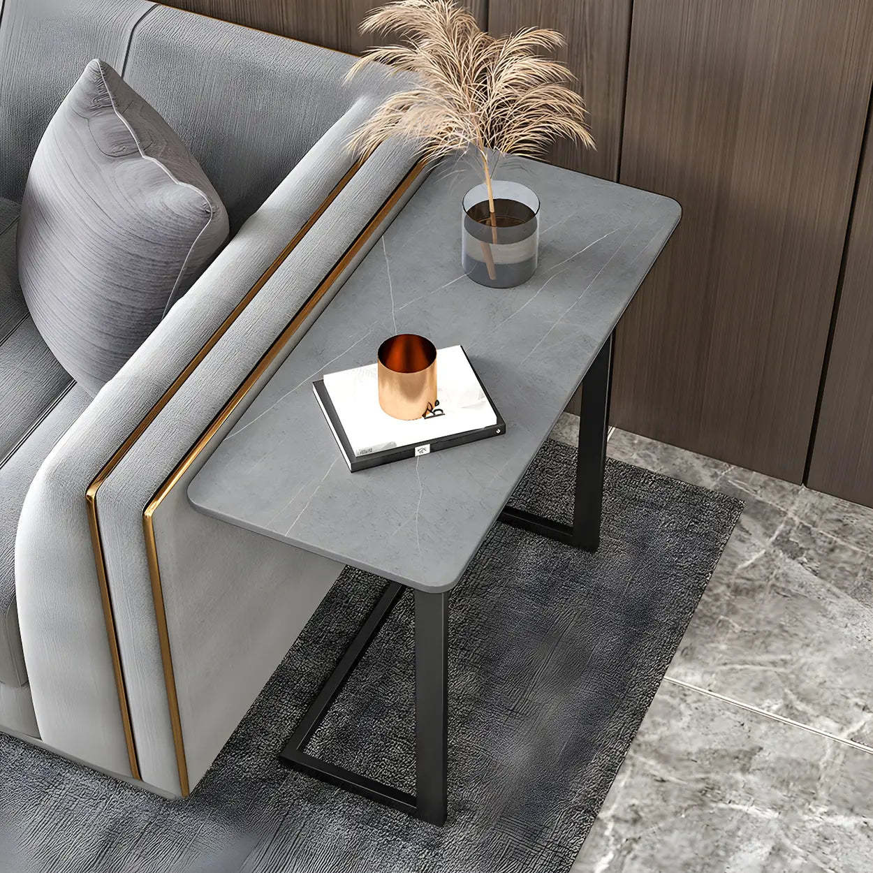 Rectangular Gold C-Shaped Side Table — Black / Gray / 1