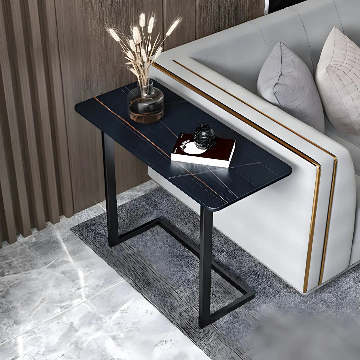 Rectangular Gold C-Shaped Side Table — Black / White / 1
