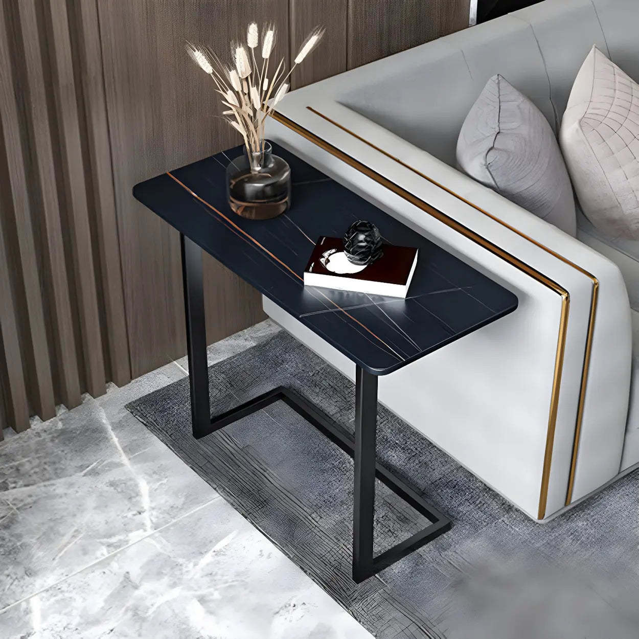 Rectangular Gold C-Shaped Side Table — Black / White / 1