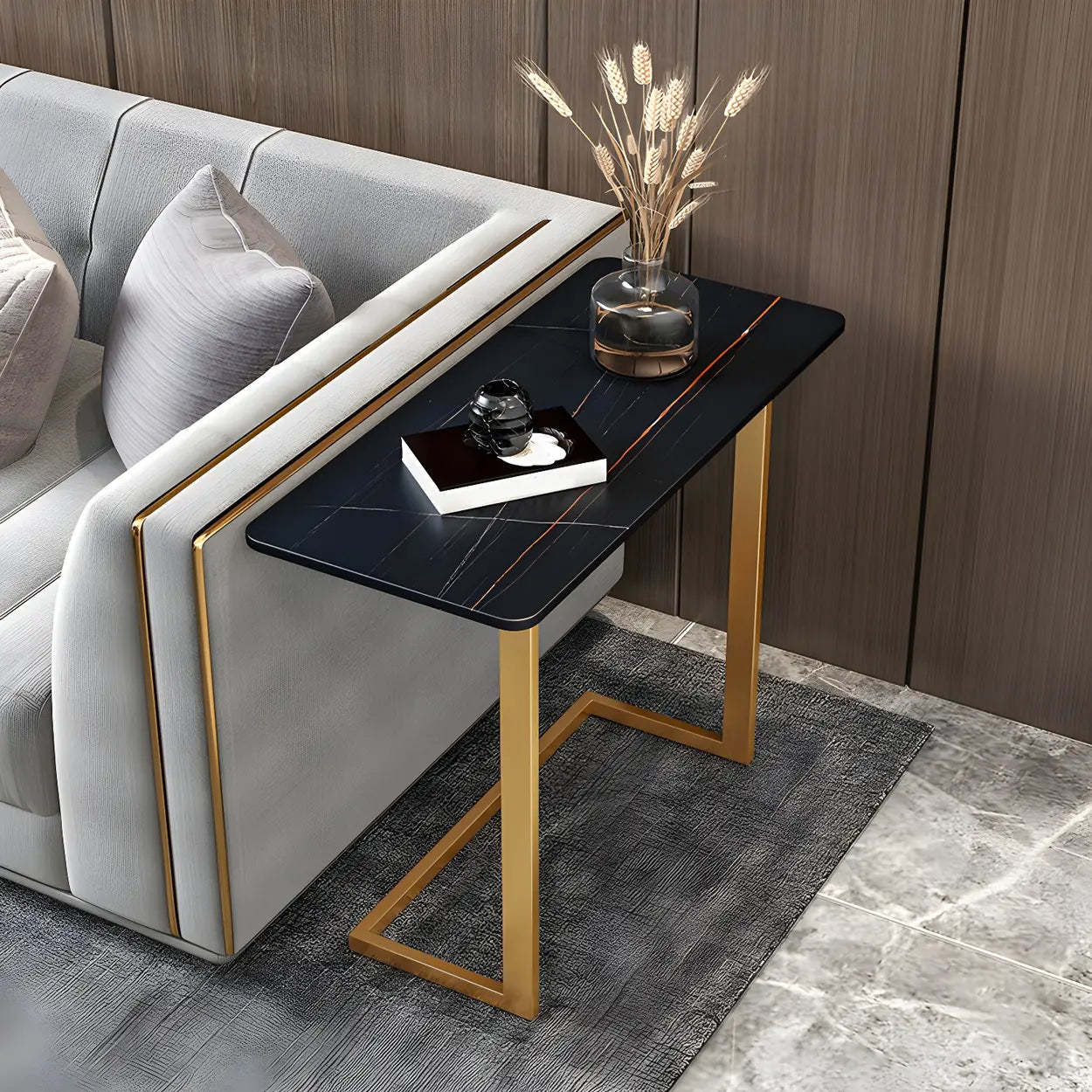 Rectangular Gold C-Shaped Side Table — Black / Floralwhite / 1