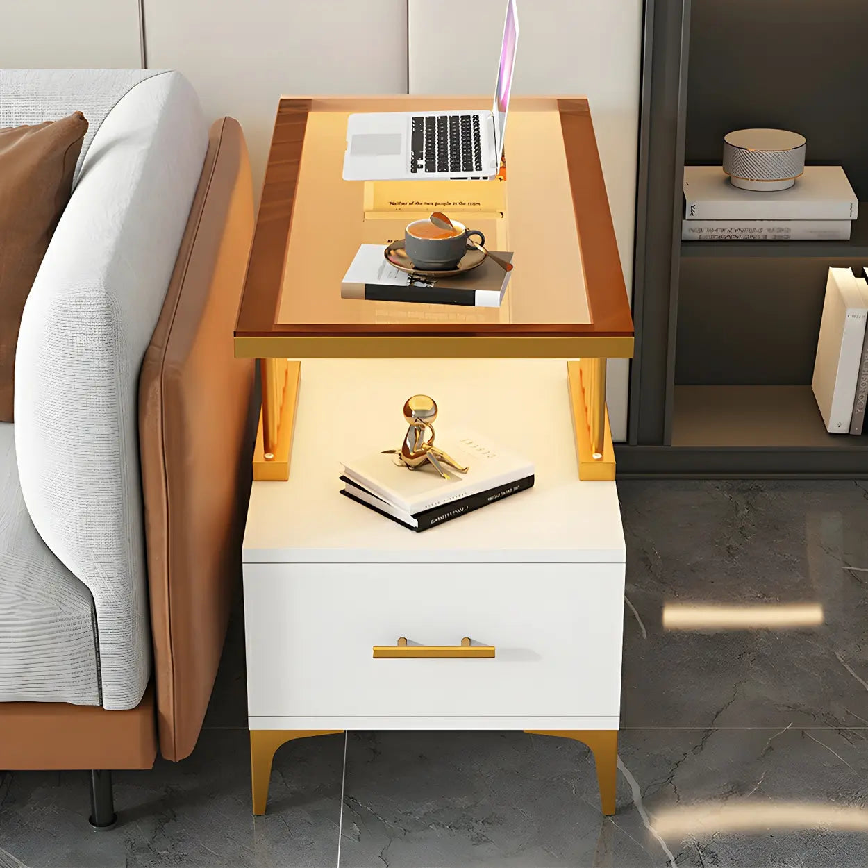 Rectangular Gold-White Glass Side Table with Drawers — Light Brown/ White / 2