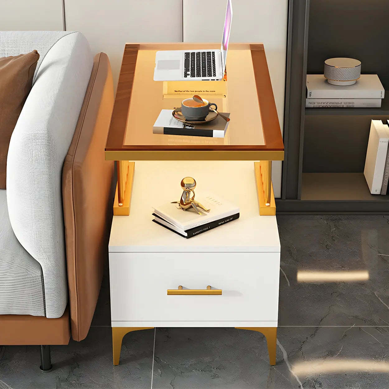 Rectangular Gold-White Glass Side Table with Drawers — Light Brown/ White / 2