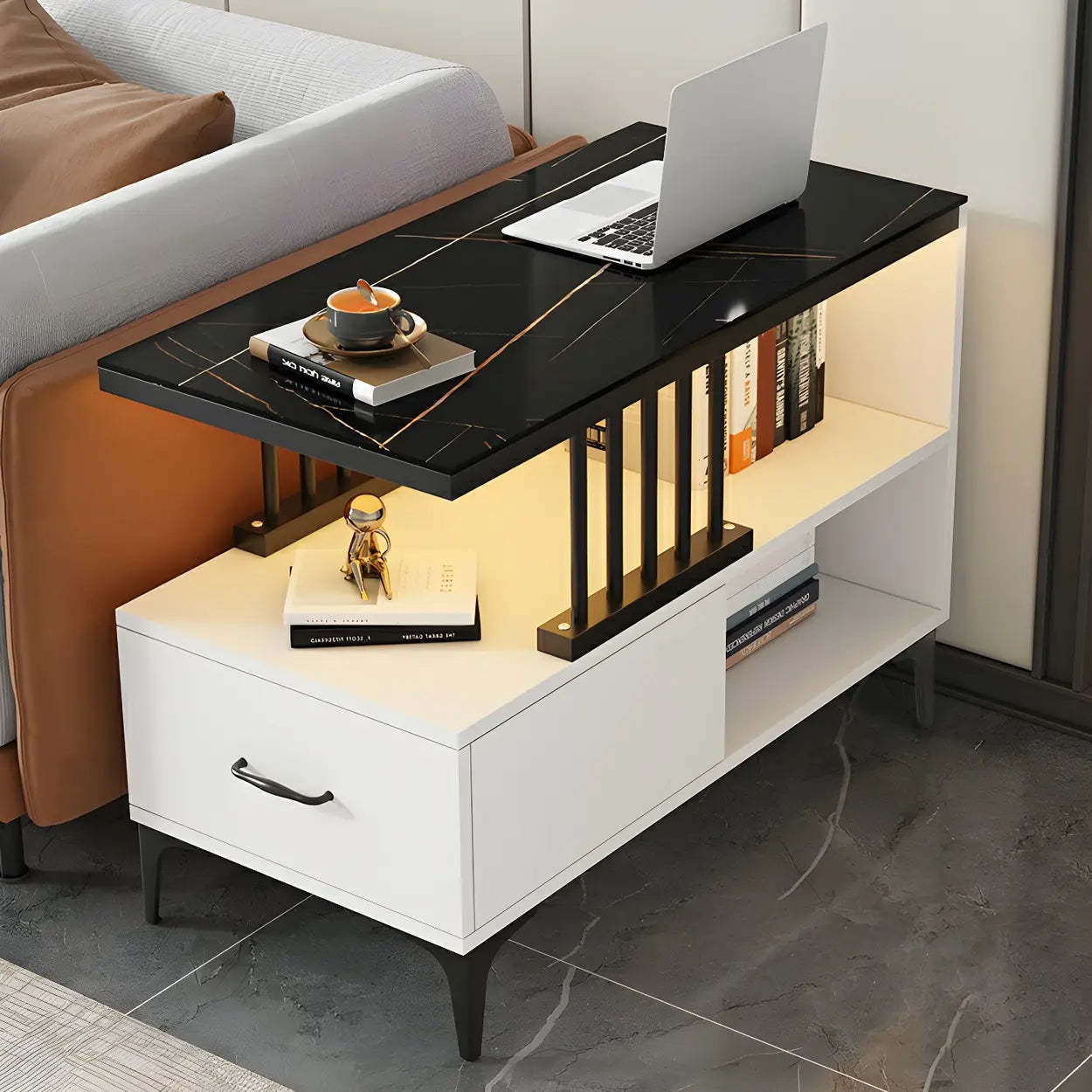 Lighom rectangular drawers glass coffee tables for bedroom — 31.5" L x 12" W x 23" H / Black / White