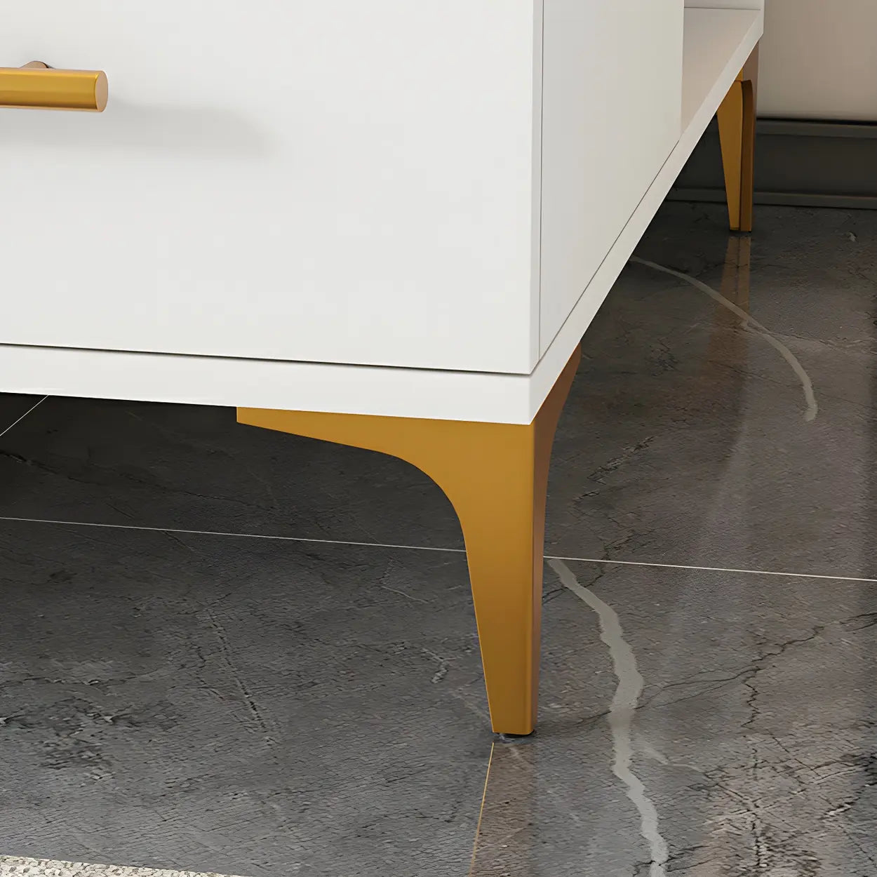 Rectangular Gold-White Glass Side Table with Drawers — Gray & White / 1
