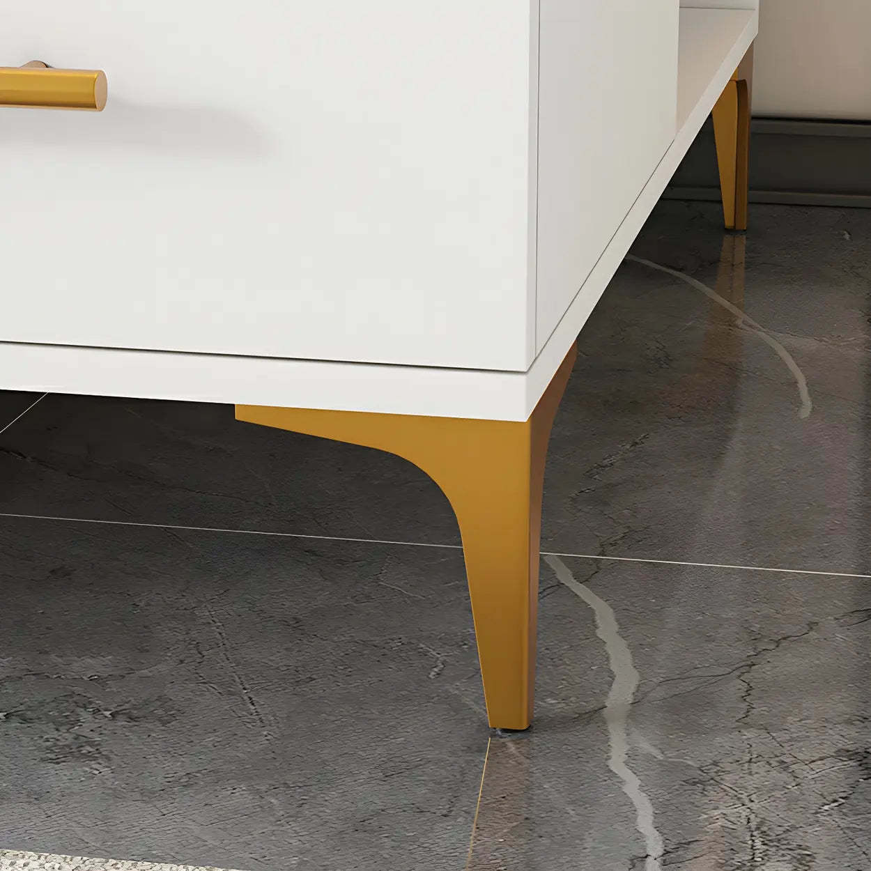 Rectangular Gold-White Glass Side Table with Drawers — Gray & White / 1