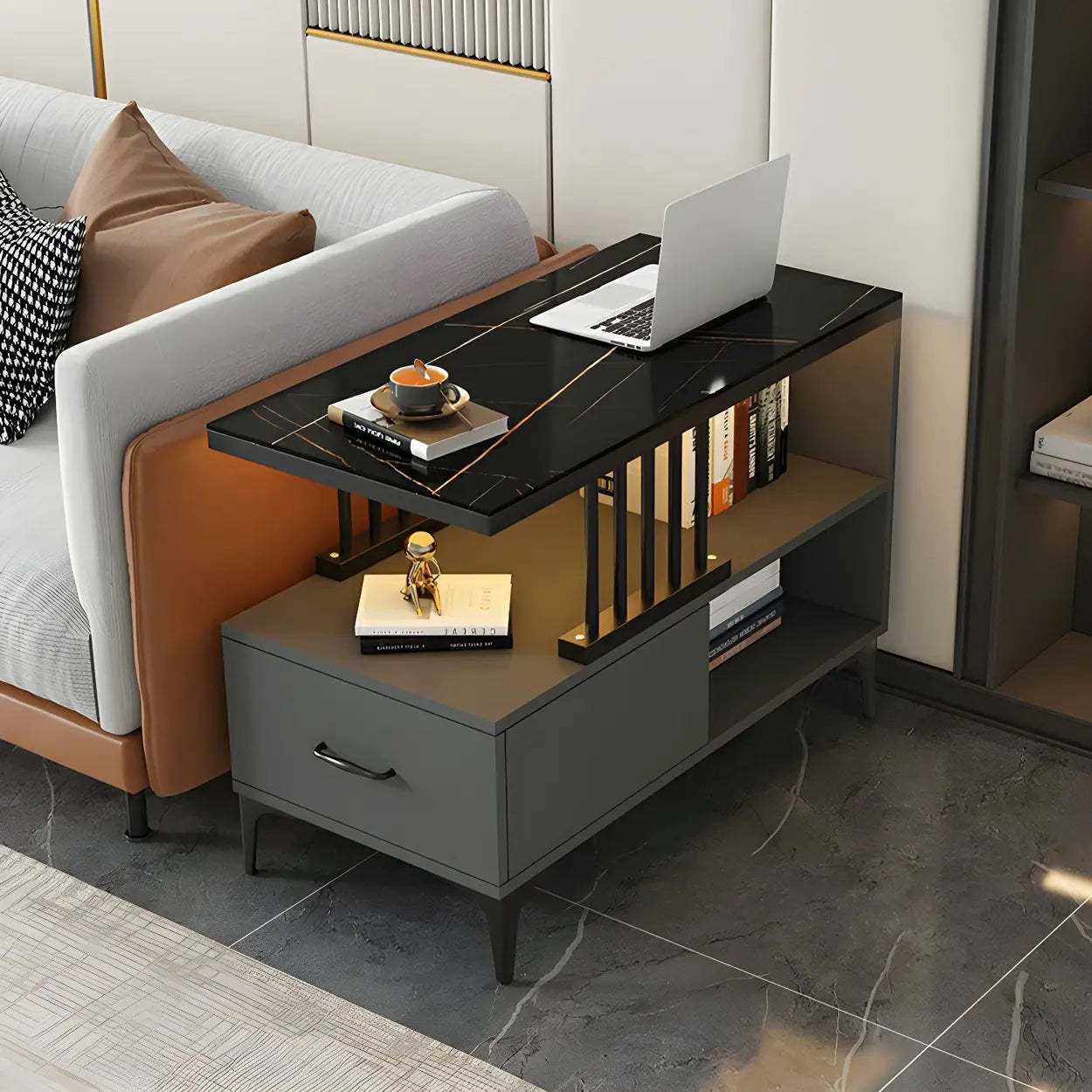 Rectangular Gold-White Glass Side Table with Drawers — Gray & White / 2
