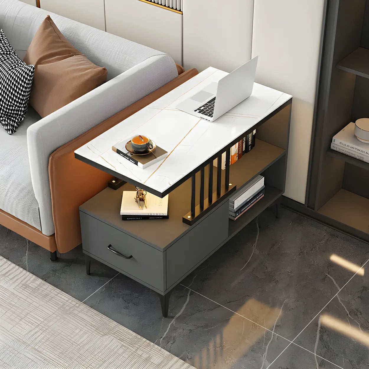 Rectangular Gold-White Glass Side Table with Drawers