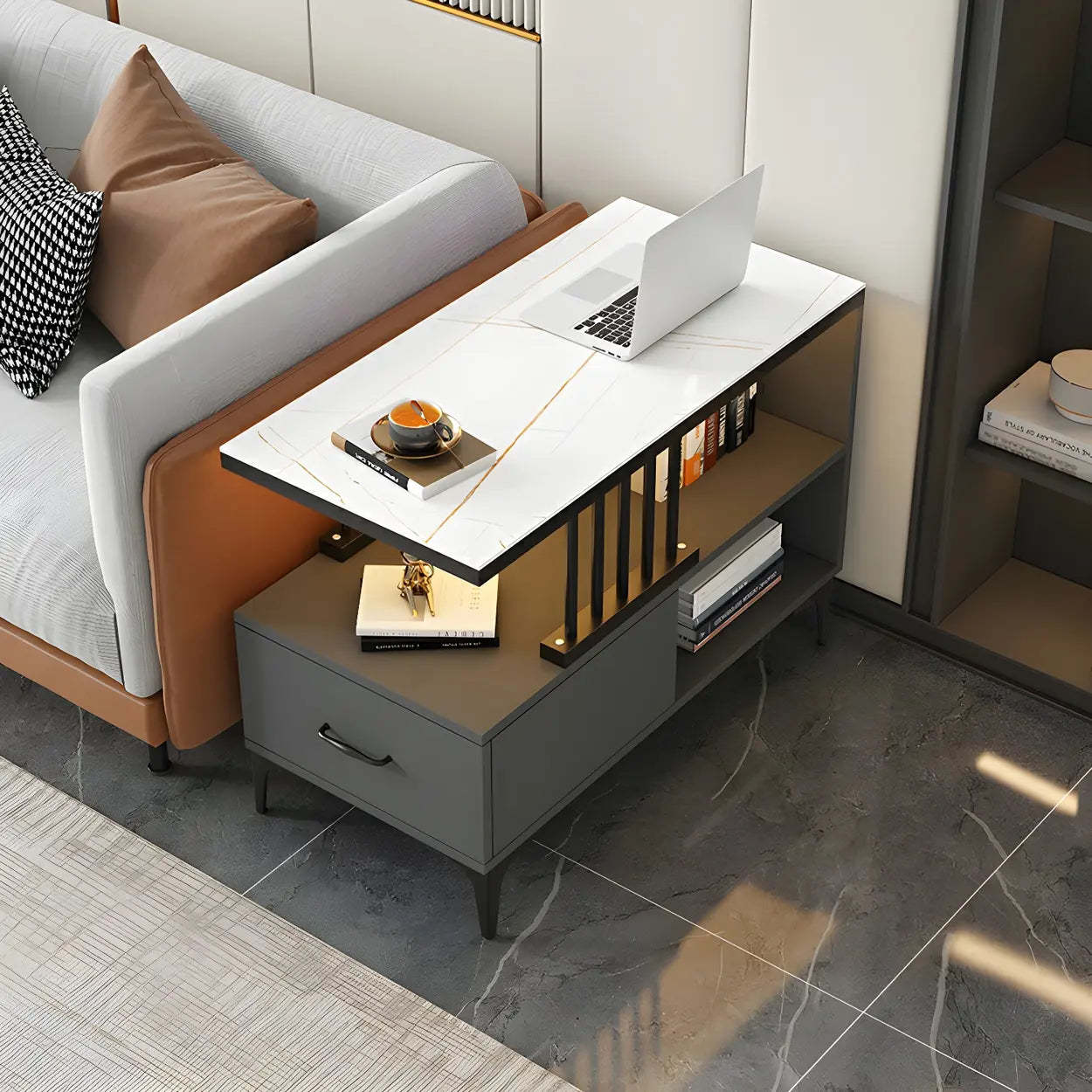Rectangular Gold-White Glass Side Table with Drawers — Black-White / 1