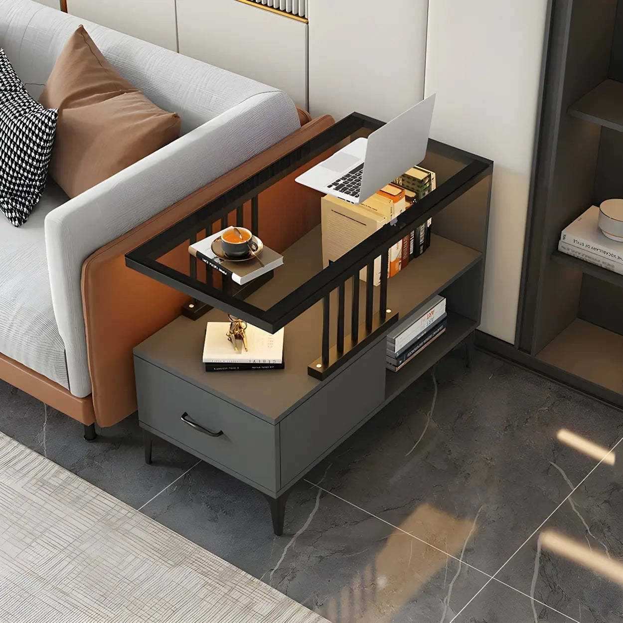 Rectangular Gold-White Glass Side Table with Drawers — Grey / 1
