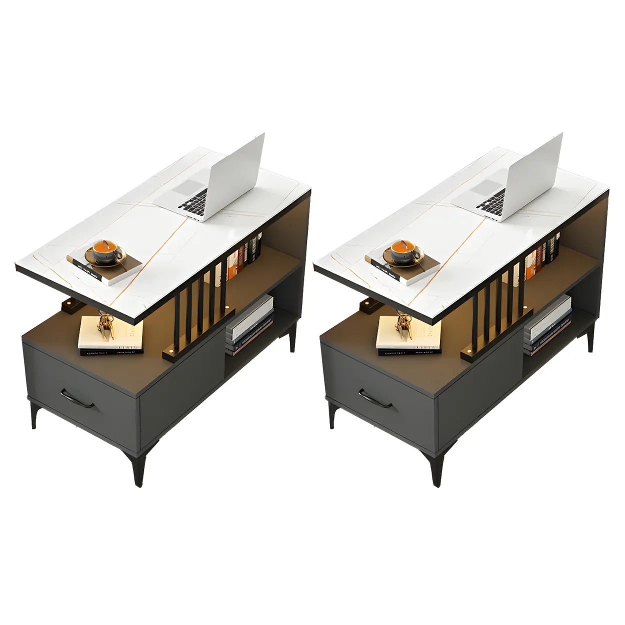Rectangular Gold-White Glass Side Table with Drawers — White / 2