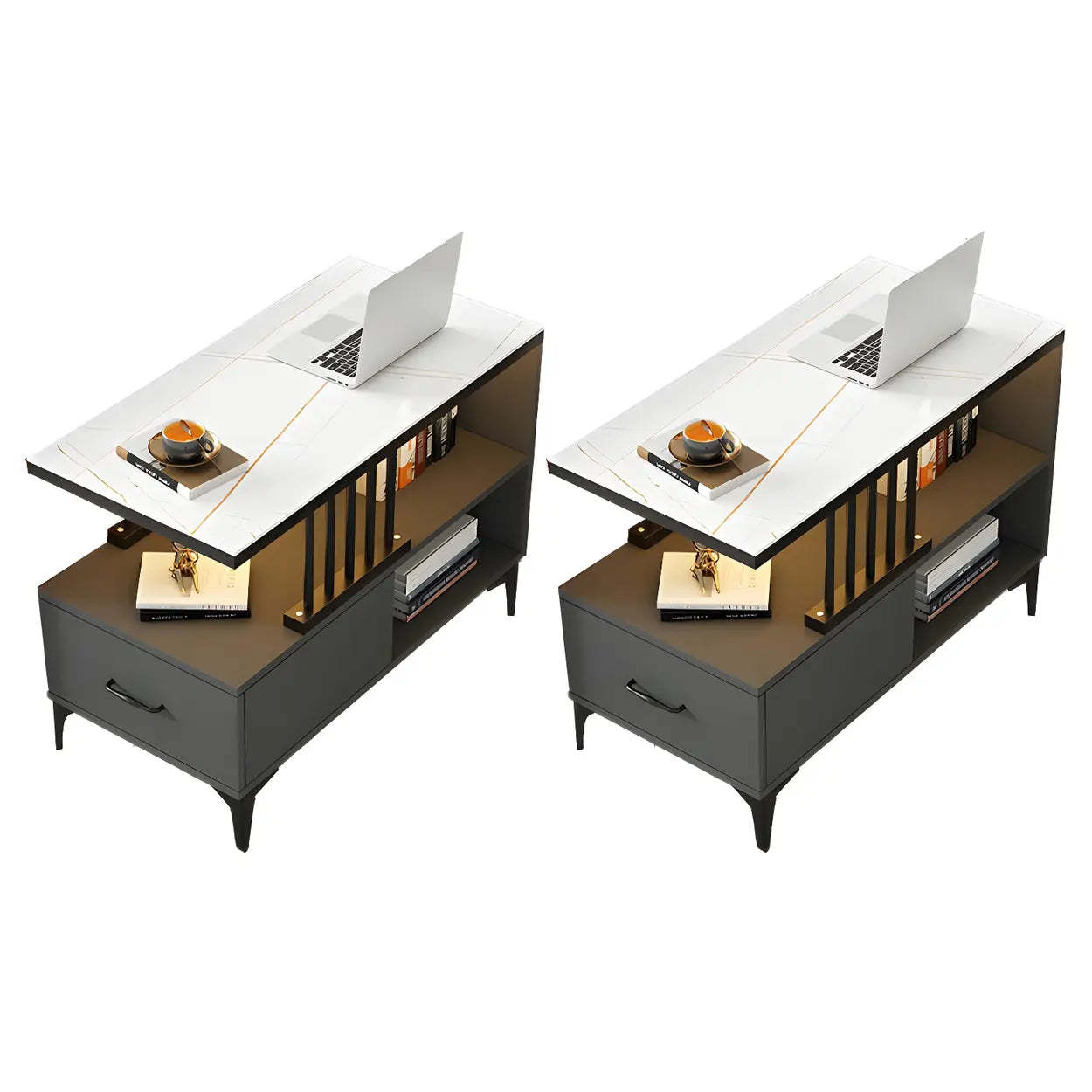 Rectangular Gold-White Glass Side Table with Drawers — White / 2