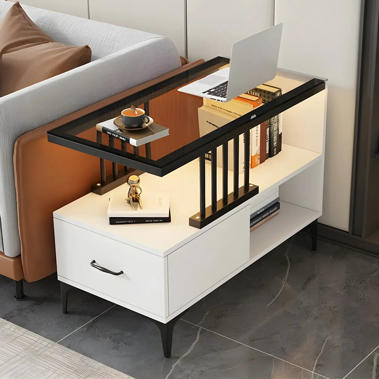 Rectangular Gold-White Glass Side Table with Drawers — Black/ Gray / 1