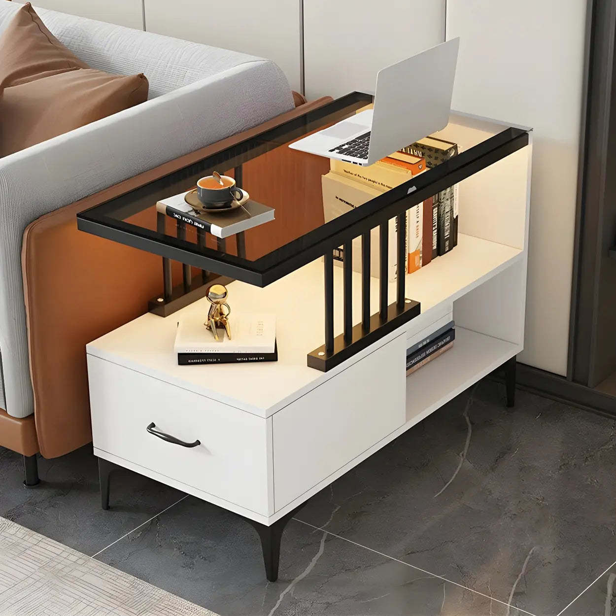 Rectangular Gold-White Glass Side Table with Drawers — Black/ Gray / 1