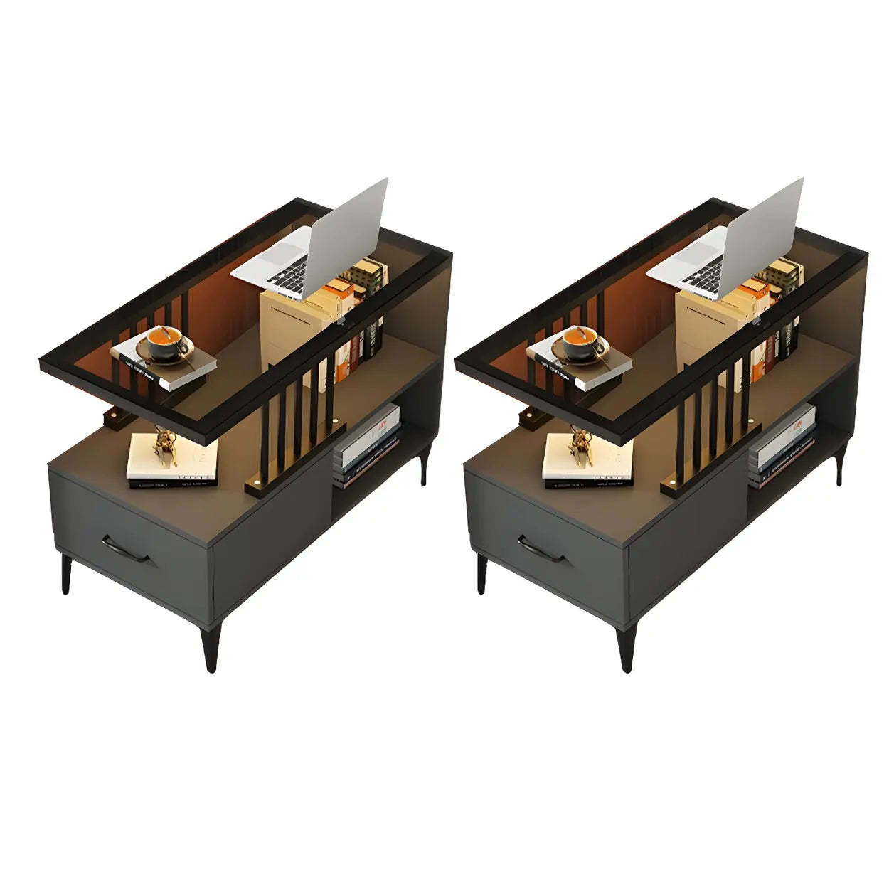 Rectangular Gold-White Glass Side Table with Drawers — Black-White / 1