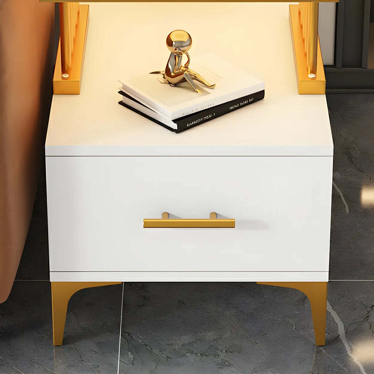 Rectangular Gold-White Glass Side Table with Drawers — Black-White / 2