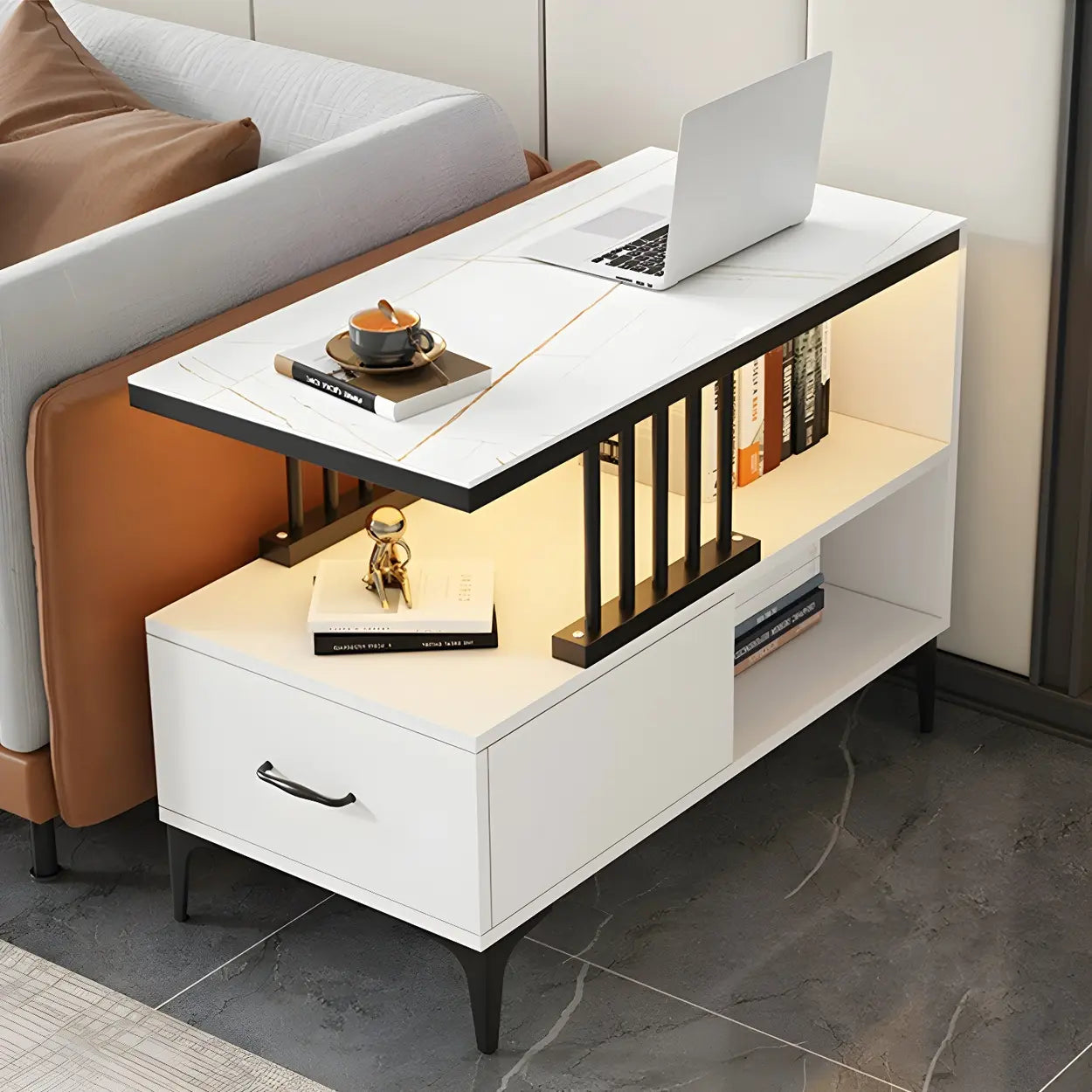 Rectangular Gold-White Glass Side Table with Drawers — White / 1