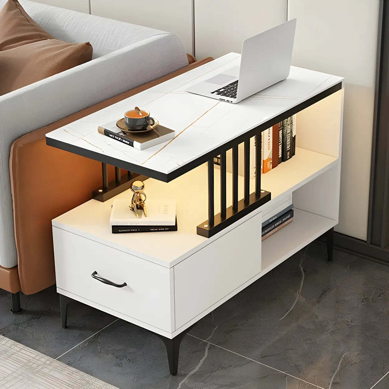 Rectangular Gold-White Glass Side Table with Drawers — White / 1