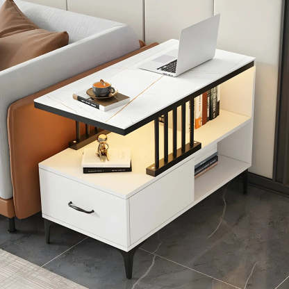 Rectangular Gold-White Glass Side Table with Drawers — White / 1