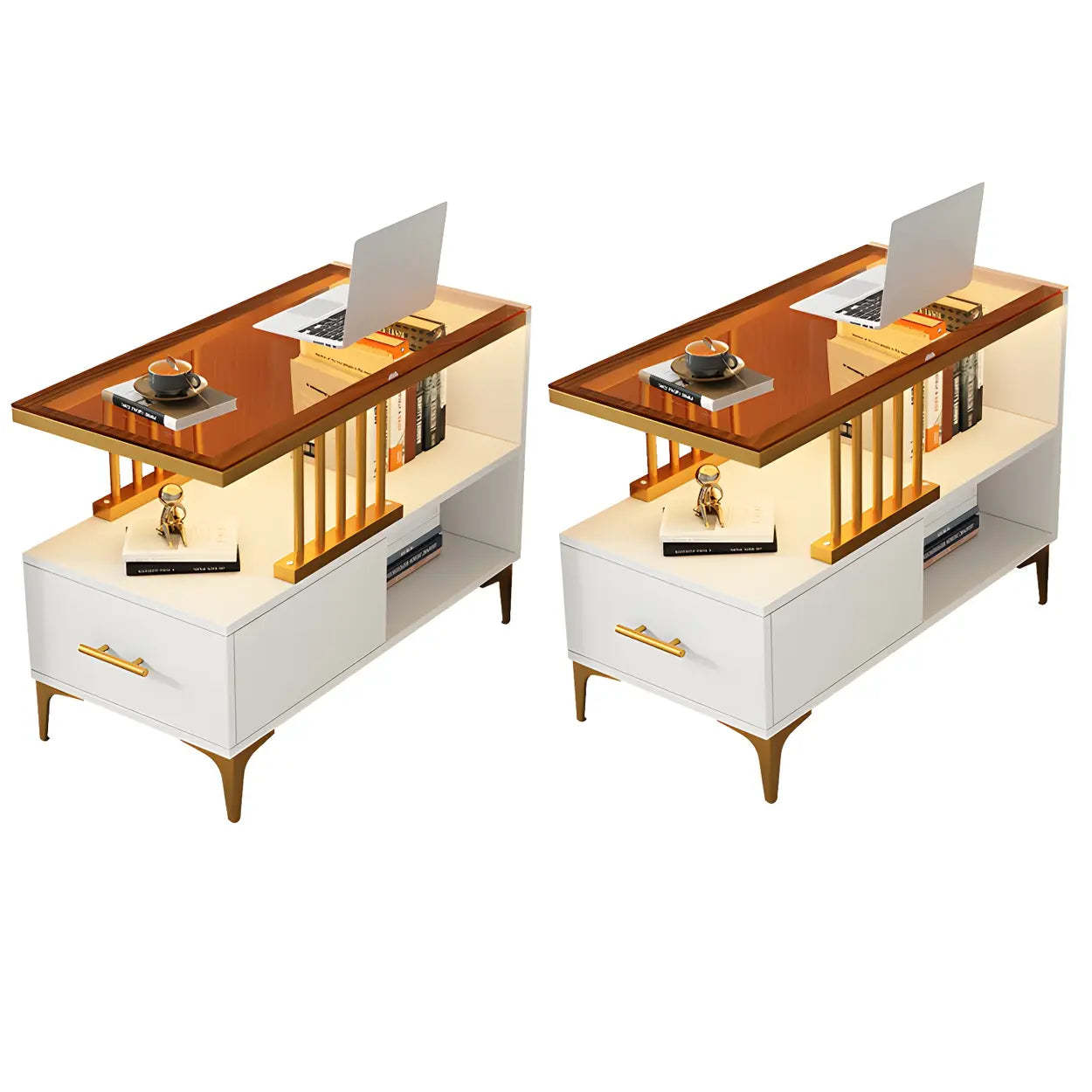 Rectangular Gold-White Glass Side Table with Drawers — White-Gray / 1