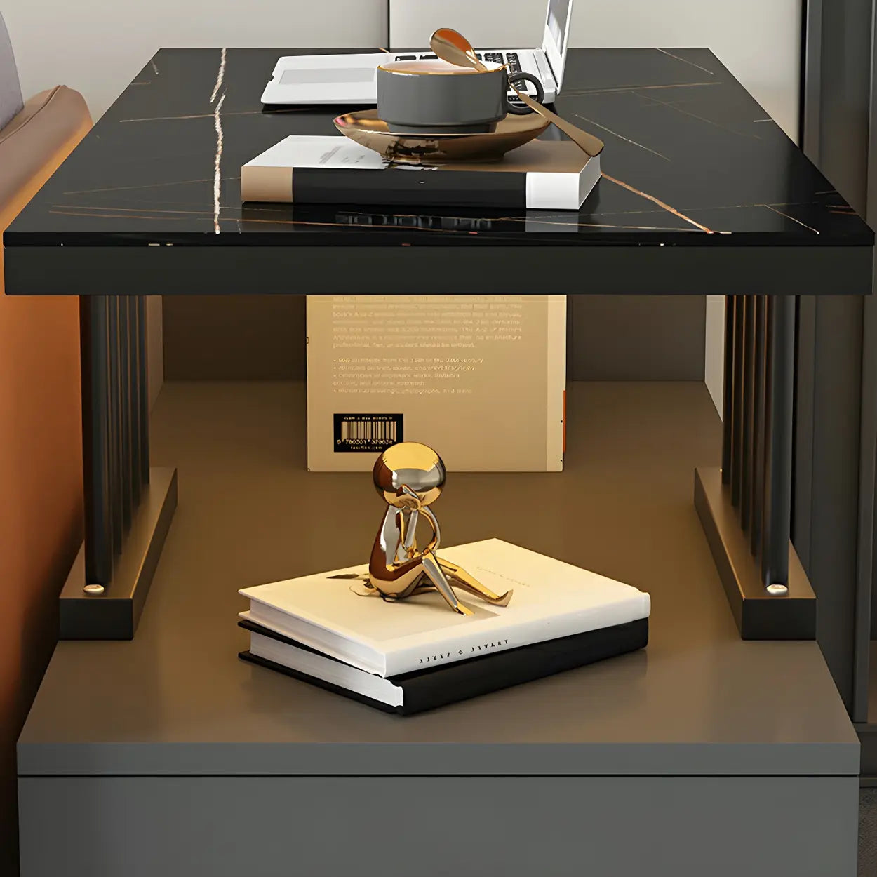 Rectangular Gold-White Glass Side Table with Drawers — White / 2