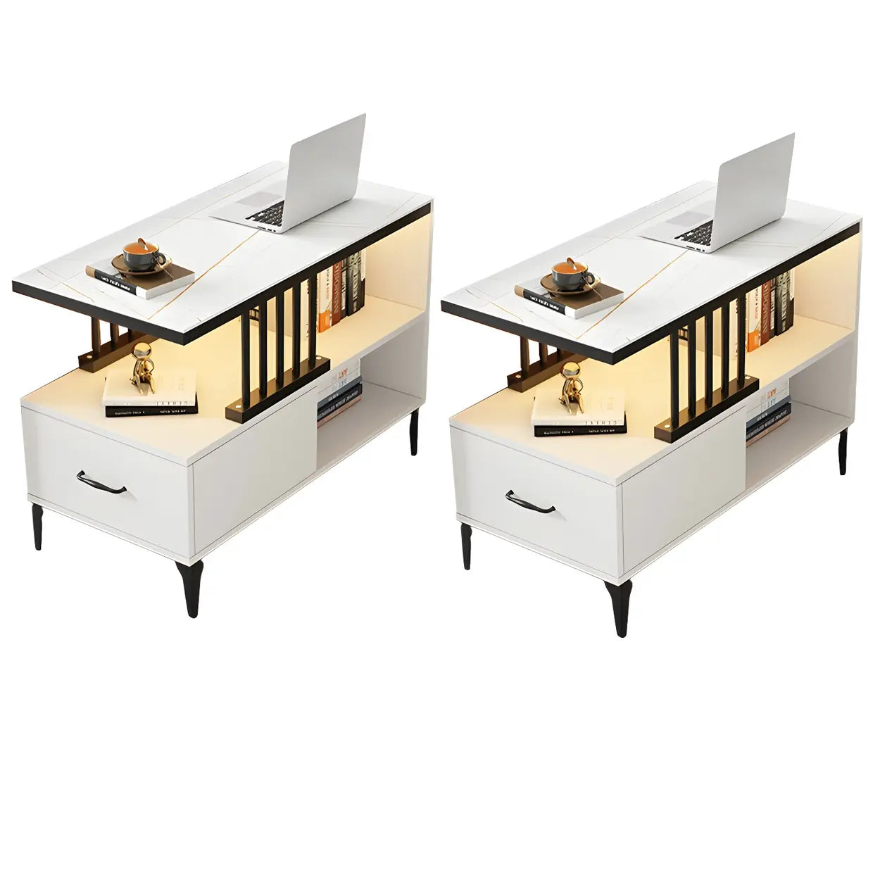 Rectangular Gold-White Glass Side Table with Drawers — Black/ Gray / 1