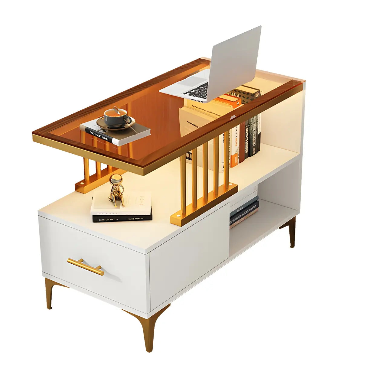 Rectangular Gold-White Glass Side Table with Drawers — Black/ Gray / 2