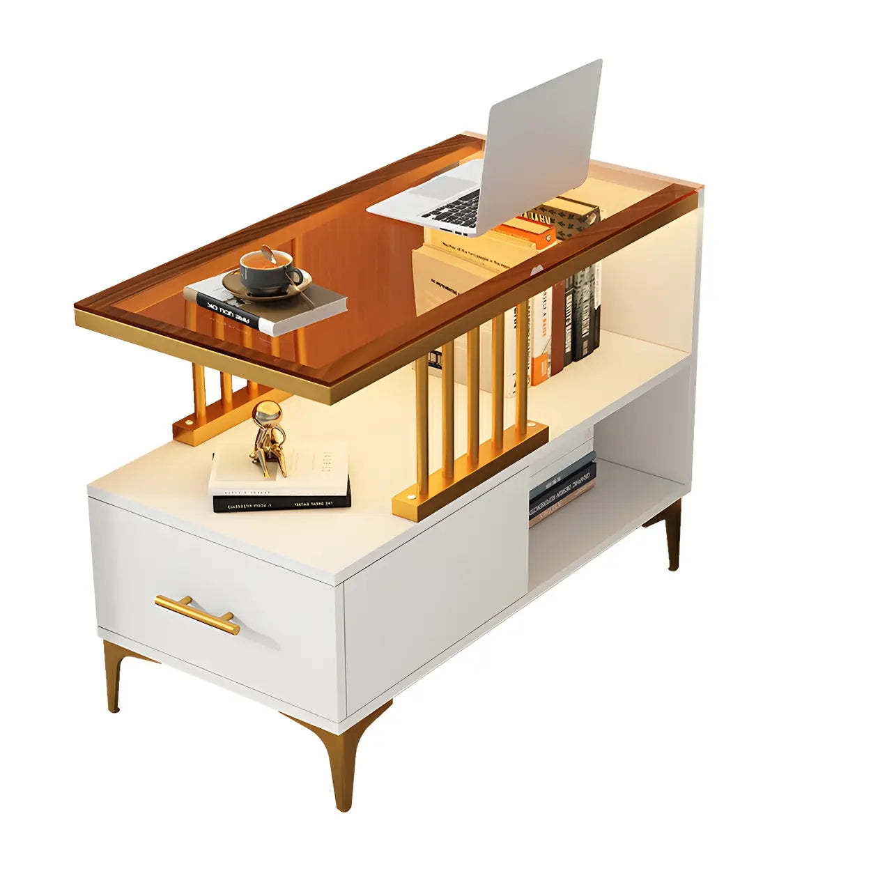 Rectangular Gold-White Glass Side Table with Drawers — Black/ Gray / 2