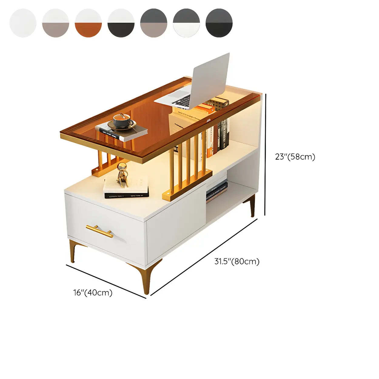 Rectangular Gold-White Glass Side Table with Drawers — Gray & White / 1