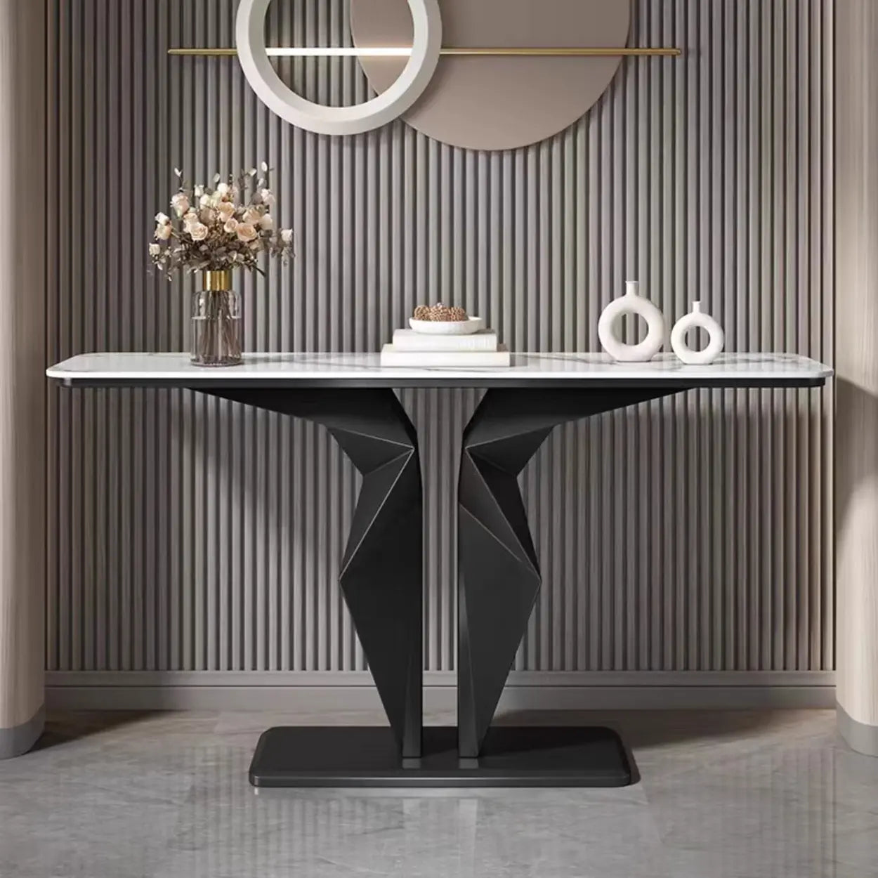 Rectangular Stone-Top Console Table — Black / Gray