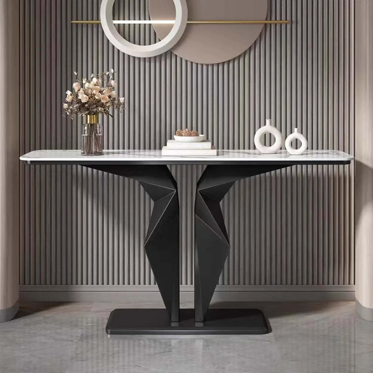 Rectangular Stone-Top Console Table — Black / Gray
