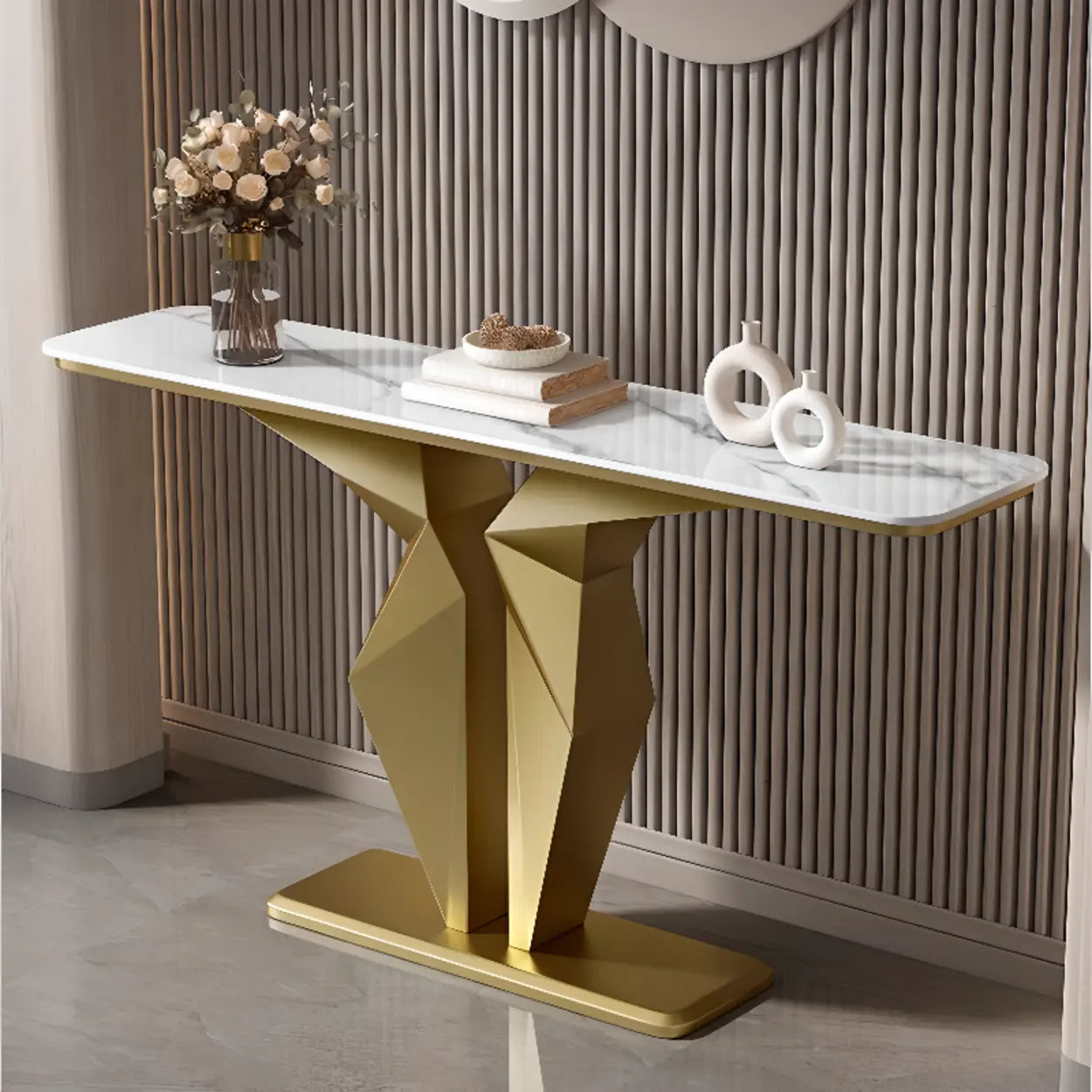 Rectangular Stone-Top Console Table — Gold / White
