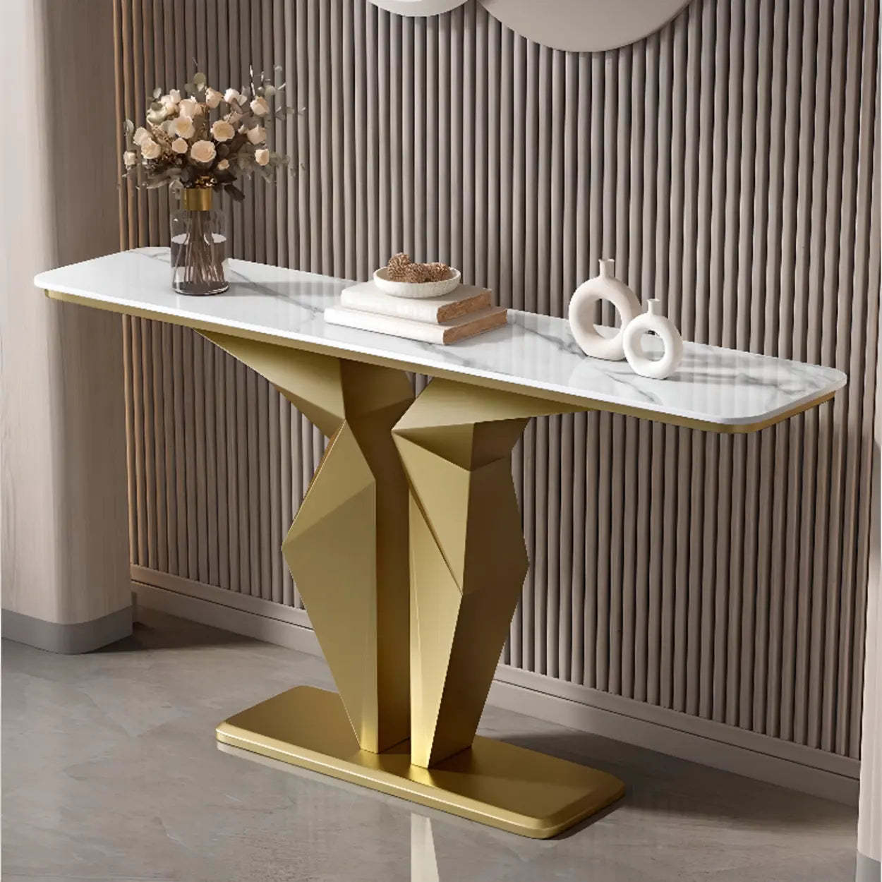 Rectangular Stone-Top Console Table — Gold / White
