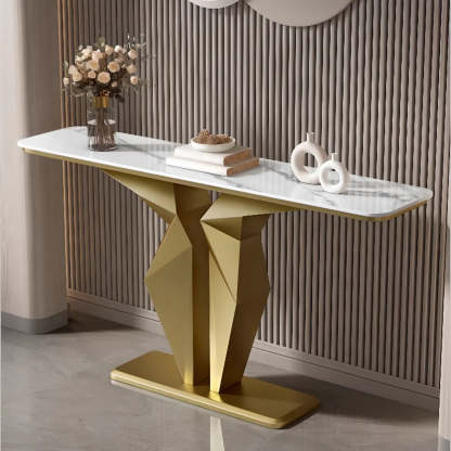 Rectangular Stone-Top Console Table — Gold / White