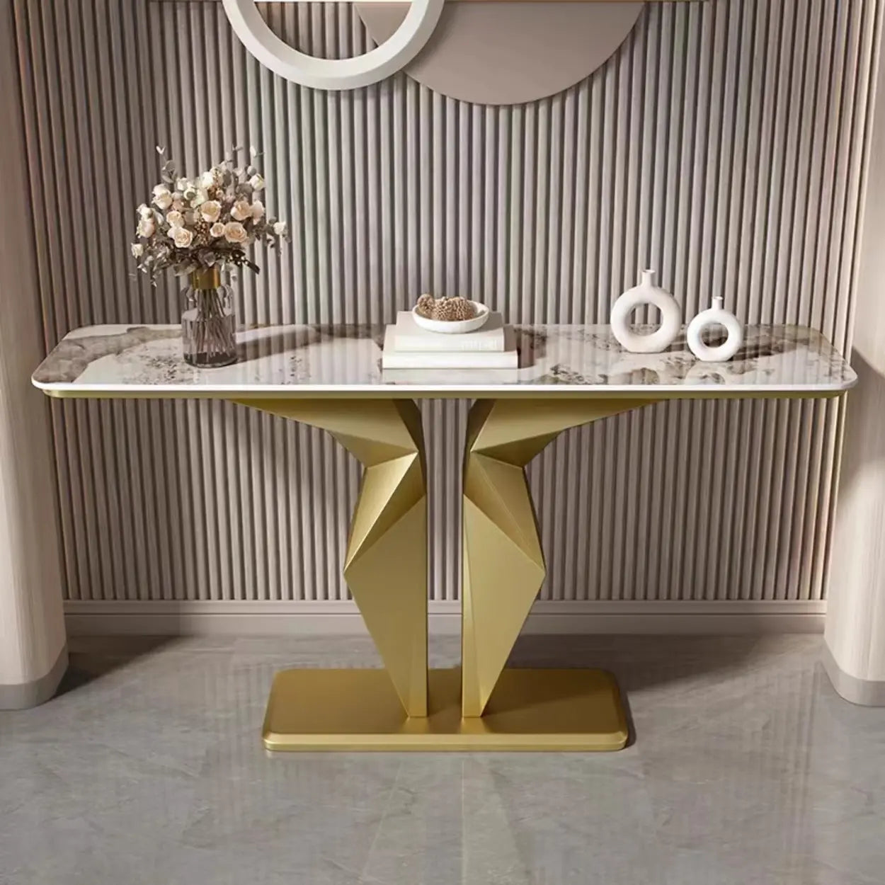 Rectangular Stone-Top Console Table — Black / White