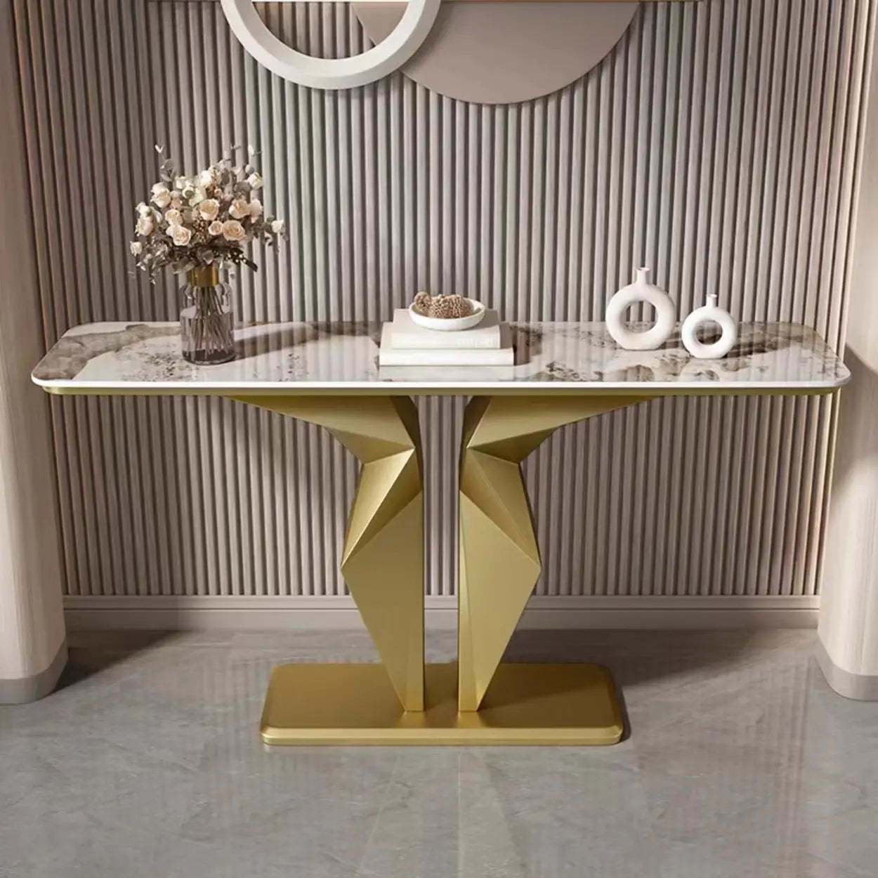 Rectangular Stone-Top Console Table — Black / White