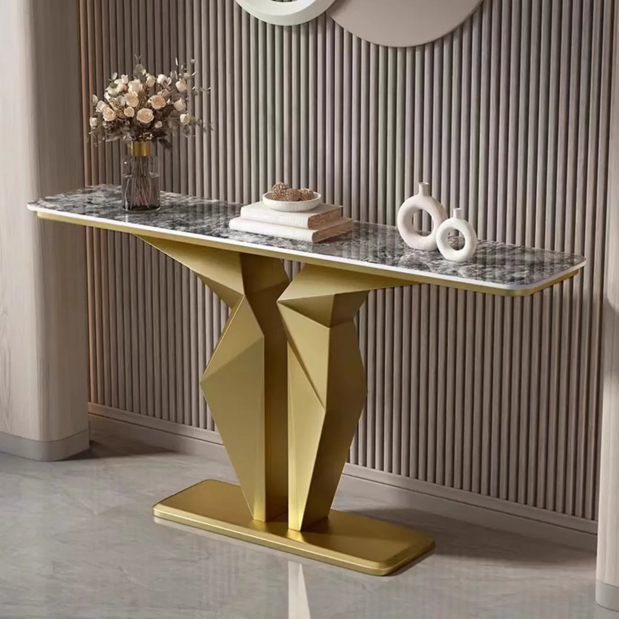 Rectangular Stone-Top Console Table — Black / White/ Brown