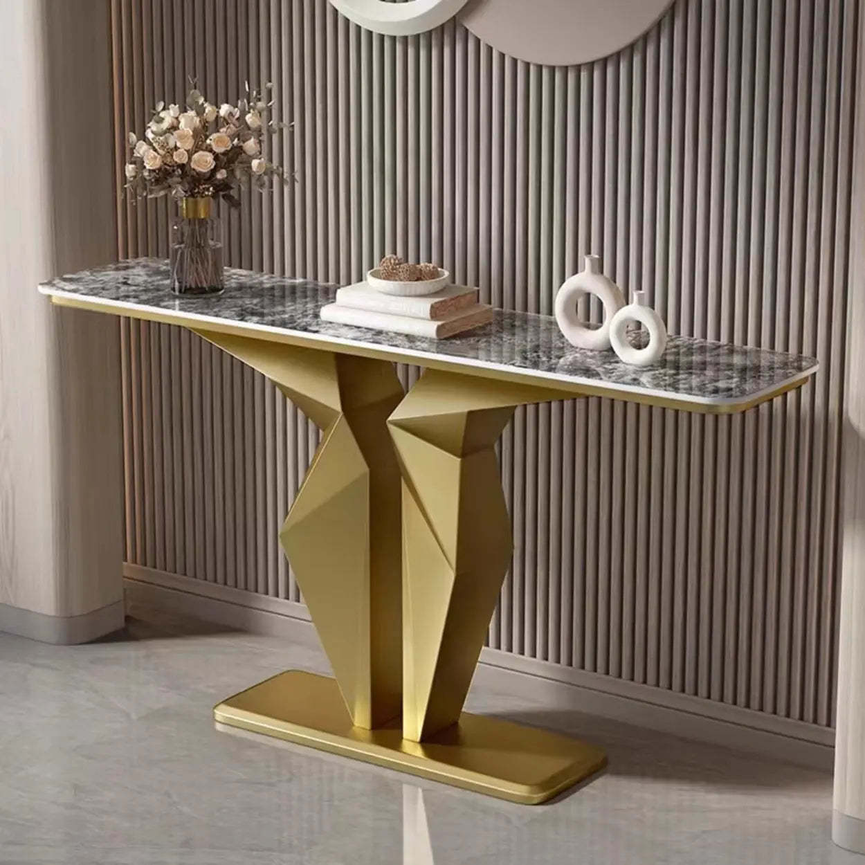 Rectangular Stone-Top Console Table — Black / White/ Brown