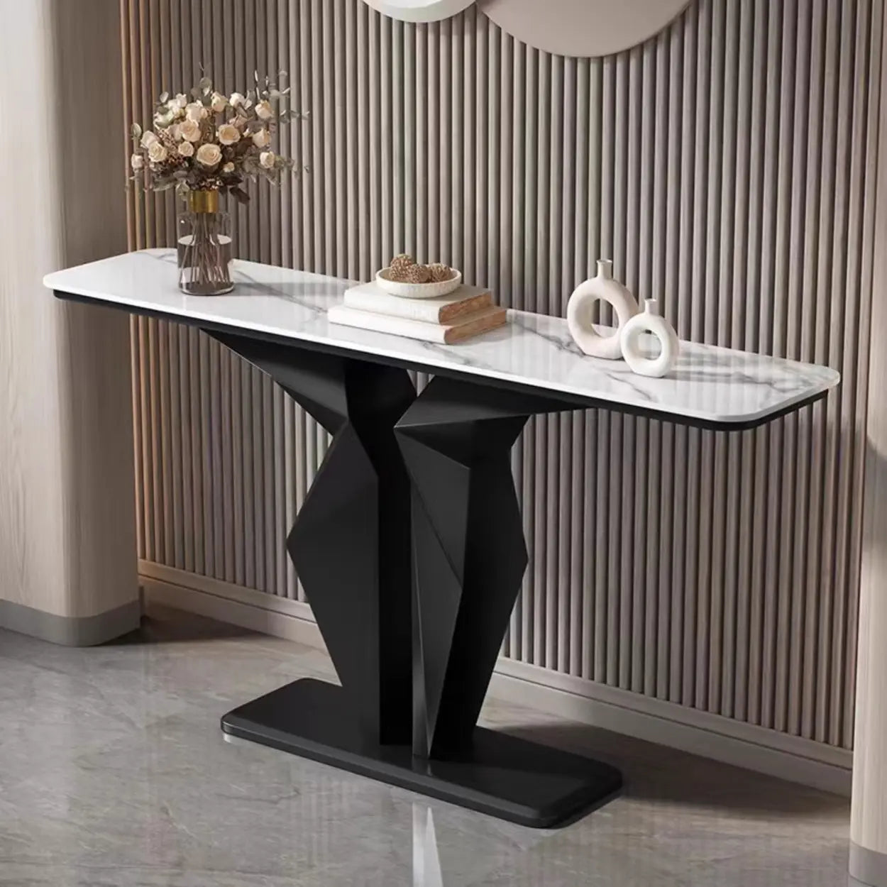 Rectangular Stone-Top Console Table — Gold / Gray