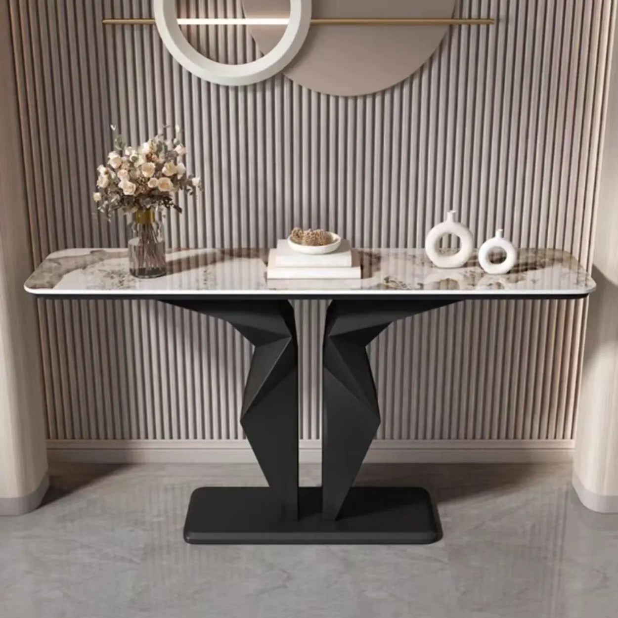 Rectangular Stone-Top Console Table — Gold / White/ Brown