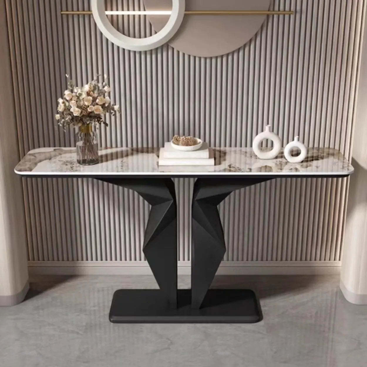 Rectangular Stone-Top Console Table — Gold / White/ Brown