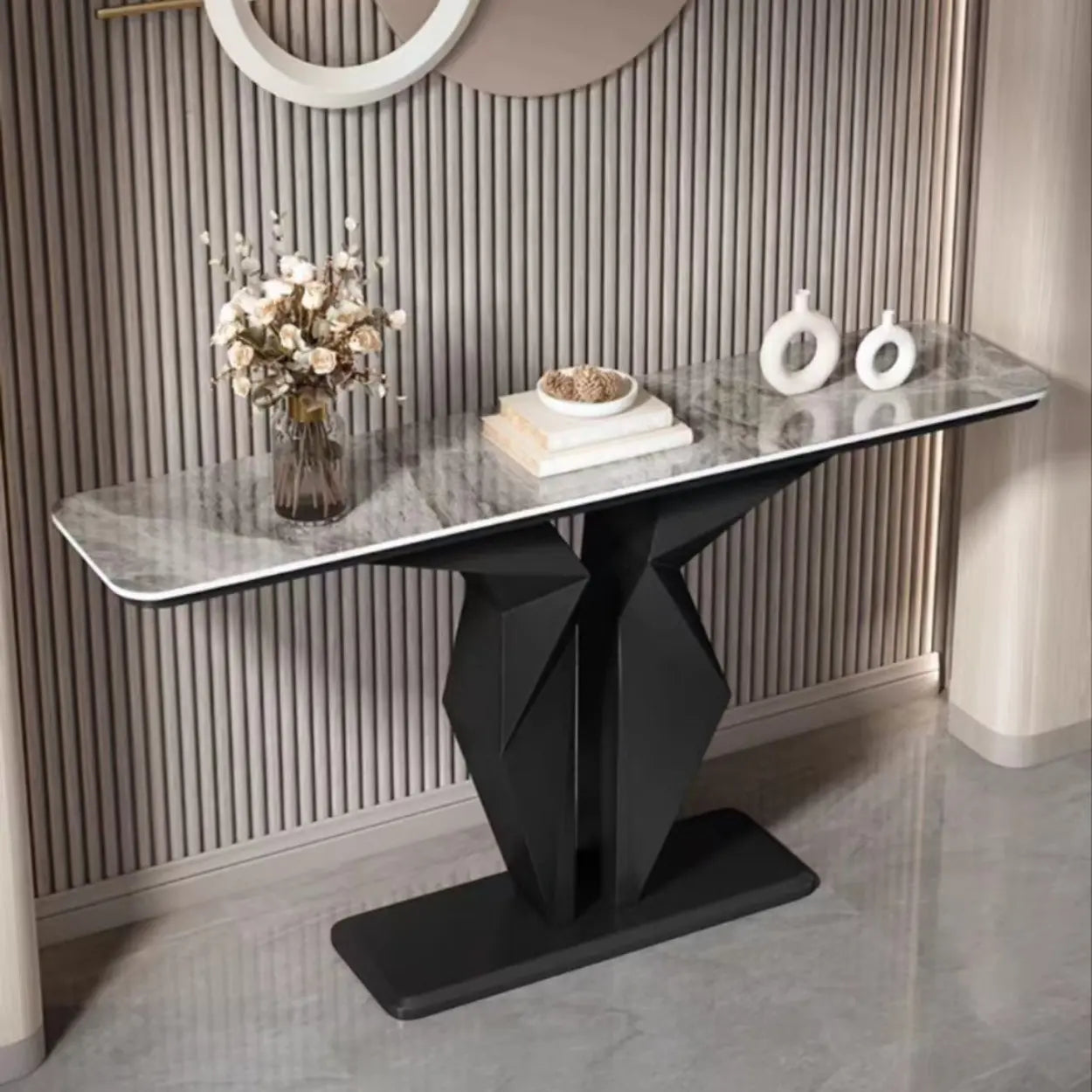 Rectangular Stone-Top Console Table — Black / Gray