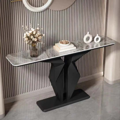 Rectangular Stone-Top Console Table — Black / Gray