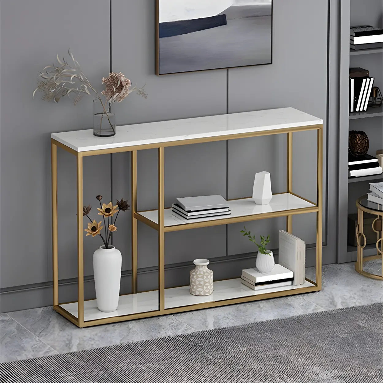 Rectangular Gold Marble Slim Console Table — Black / White