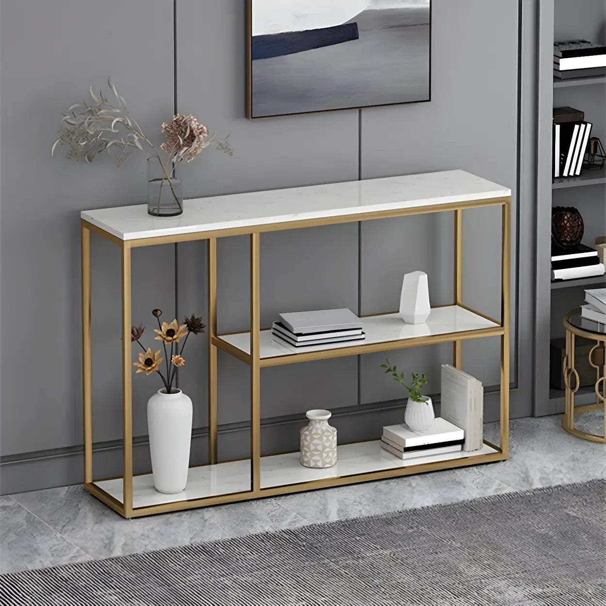 Rectangular Gold Marble Slim Console Table — Black / White