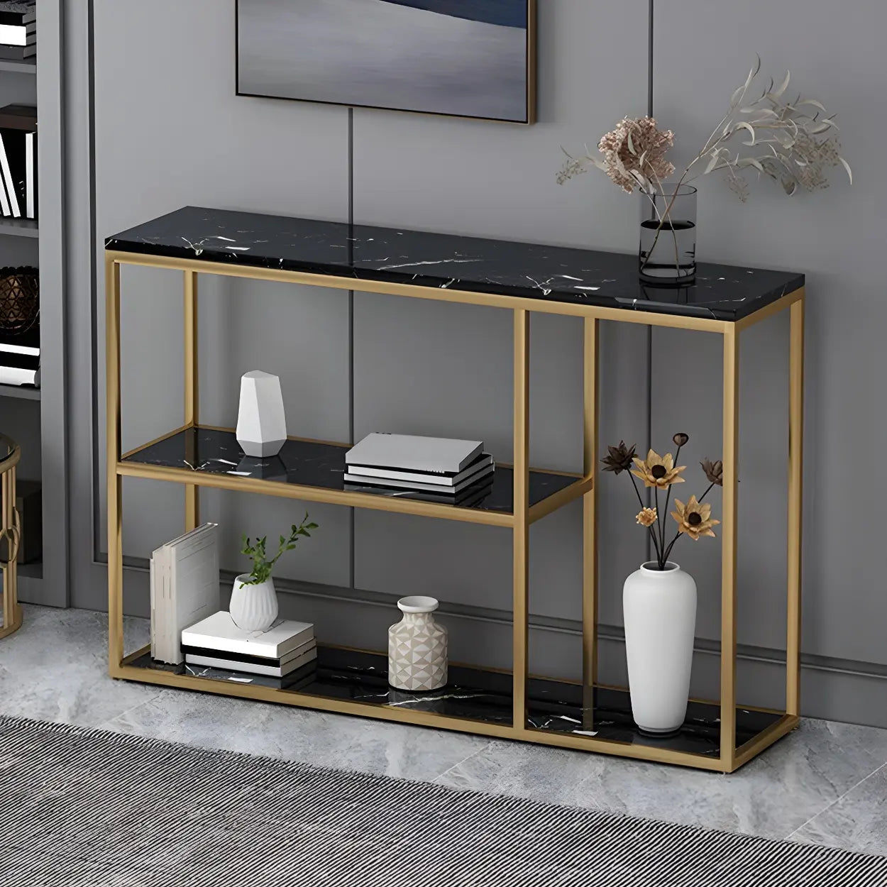 Rectangular Gold Marble Slim Console Table — Black / White