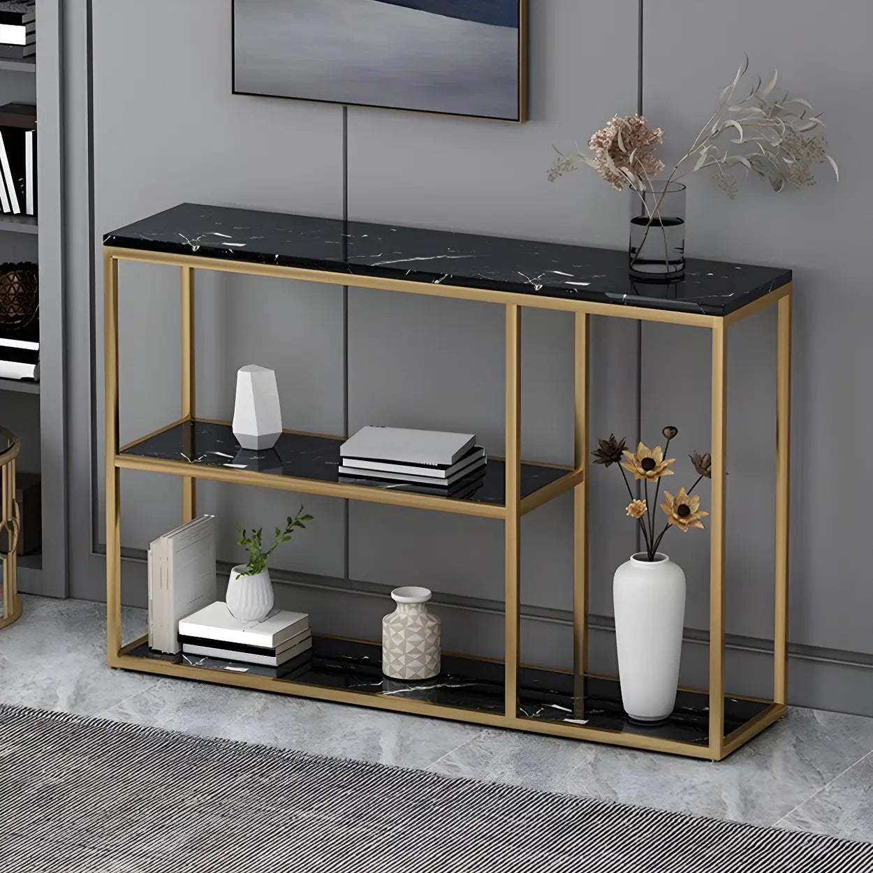 Rectangular Gold Marble Slim Console Table — Black / White