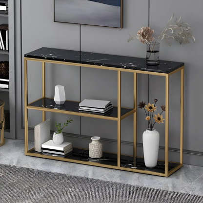 Rectangular Gold Marble Slim Console Table — Black / White